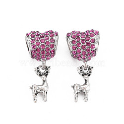 Rack Plating Alloy European Dangle Charms, with Rhinestone, Large Hole Beads, Cadmium Free & Nickel Free & Lead Free, Heart with Deer, Platinum, Fuchsia, 25.5x12x8mm, Hole: 5mm(MPDL-N039-111A)