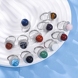 Natural & Synthetic Mixed Gemstone Round Adjustable Finger Rings, Platinum Brass Ring, Rack Plating, Long-Lasting Plated, Round: 21mm, Inner Diameter: US Size 8 1/2(18.5mm)(RJEW-K241-05P)