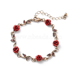 Aluminium Flower Link Bracelets, Alloy Rhinestone Leaf Bracelets for Women, Red Copper, 6-7/8 inch(17.5cm)(BJEW-WH0011-19R)
