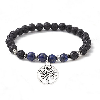 Natural Lava Rock & Natural Lapis Lazuli Gemstone Round Beaded Stretch Bracelet, with Alloy Tree of Life Charms, Inner Diameter: 2-1/2 inch(6.5cm)