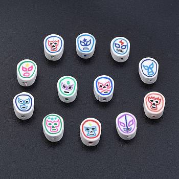 Handmade Polymer Clay Beads, Oval with Mask Pattern, Mixed Color, 10x8.5x4.5mm, Hole: 1.6mm