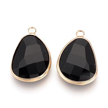 Glass Pendants, with Brass Findings, Faceted, teardrop, Nickel Free, Raw(Unplated), Black, 24x16x5mm, Hole: 2mm