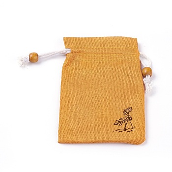 Burlap Packing Pouches, Drawstring Bags, with Wood Beads, Orange, 14.6~14.8x10.2~10.3cm