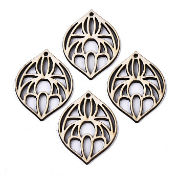 Unfinished Natural Poplar Wood Pendants, Laser Cut Wood Shapes, Leaf with Floral Pattern, Old Lace, 39x30x2mm, Hole: 1.8mm