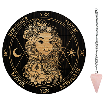 AHADEMAKER 1Pc Cone/Spike/Pendulum Natural Rose Quartz Stone Pendants, 1Pc 304 Stainless Steel Cable Chain Necklaces, 1Pc PVC Custom Pendulum Board, Dowsing Divination Board, Women Pattern, Board: 200x4mm