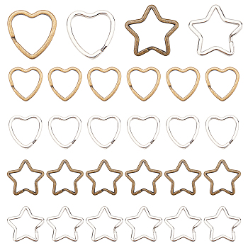 WADORN 40Pcs 4 Style Iron Split Key Rings, Keychain Clasp Findings, Heart & Star, Mixed Color, 10pcs/style