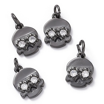 Brass Micro Pave Cubic Zirconia Charms, Lead Free & Cadmium Free, Skull, Gunmetal, 12.5x9x2mm, Hole: 2.8mm