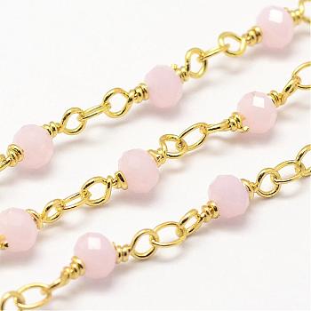 Handmade Glass Beaded Chains, with Spool, Unwelded, Faceted Rondelle, Imitation Jade, with Brass Findings, Golden, Misty Rose, 4mm, about 32.8 Feet(10m)/roll