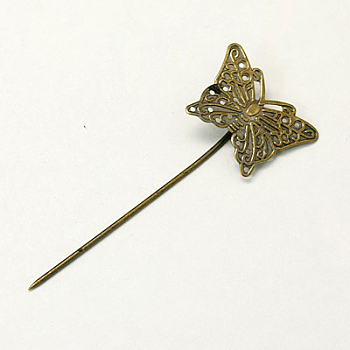 Iron Hair Stick Findings, with Brass Butterfly Tray, Nickel Free, Antique Bronze, 58mm