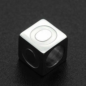 201 Stainless Steel European Beads, Large Hole Beads, Horizontal Hole, Cube, Stainless Steel Color, Letter.O, 7x7x7mm, Hole: 5mm
