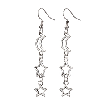 Alloy Dangle Earrings, Star and Moon, Platinum, 64x12mm