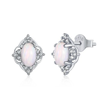 Rhodium Plated 925 Sterling Silver Opal Stud Earrings for Women, with S925 Stamp, Real Platinum Plated, Rhombus, WhiteSmoke, 8.6x10.5mm