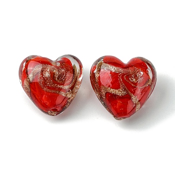 Handmade Gold Sand Lampwork Beads, Inner Flower, Heart, Red, 21x20.5x13.5mm, Hole: 1.8mm