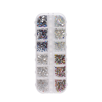 Glass Rhinestone, Glitter Manicure Nail Art Decoration, Faceted, Half Round, Colorful, 1.4~10mm, about 1440~2080pcs/box