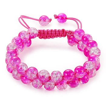 Sparkling Round Glass Braided Bead Bracelet, Double Layered Wrap Adjustable Bracelet for Women, Hot Pink, Inner Diameter: 2~3-1/8 inch(5~7.8cm) 