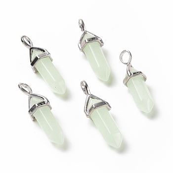 Luminous/Glow Bullet Glass Pointed Pendants, with Platinum Tone Brass Findings, Lead Free and Cadmium Free, Light Cyan, 28~29.5x9~9.5x8mm, Hole: 4.5x3mm