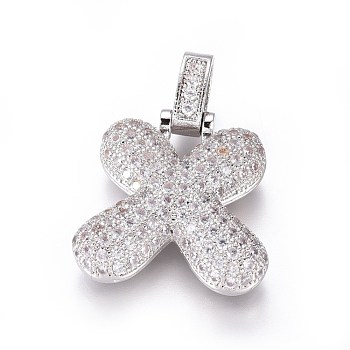 Platinum Plated Brass Micro Pave Cubic Zirconia Pendants, Letter, Letter.X, 28.5mm, Hole: 3.5x5mm, letter: 22x21x5.5mm