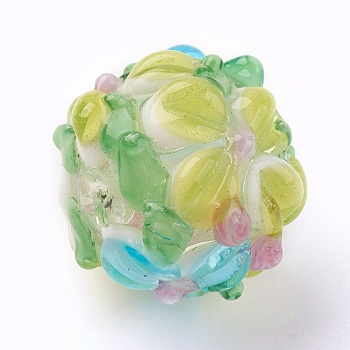 Handmade Lampwork Beads, Rondelle with Flower, Bumpy, Colorful, 14~15x12~13mm, Hole: 1.5~1.8mm