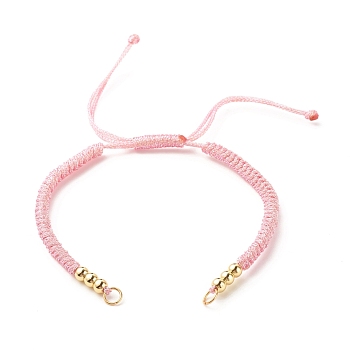 Adjustable Braided Polyester Cord Bracelet Making, with 304 Stainless Steel Jump Rings, Round Brass Beads, Pearl Pink, 7-1/8 inch(18cm)