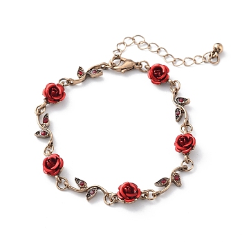 Aluminium Flower Link Bracelets, Alloy Rhinestone Leaf Bracelets for Women, Red Copper, 6-7/8 inch(17.5cm)