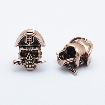 Brass Beads, Skull, Long-Lasting Plated, Cadmium Free & Nickel Free & Lead Free, Red Copper, 20x16x11mm, Hole: 6mm
