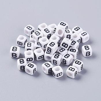 6MM Letter B Cube Acrylic Beads, Horizontal Hole, White, Size: about 6mm wide, 6mm long, 6mm high, hole: 3.2mm, about 300pcs/50g