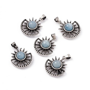 Natural Aquamarine Pendants, Sun Charms, with Antique Silver Color Brass Findings, 23x19x8mm, Hole: 4x3.5mm
