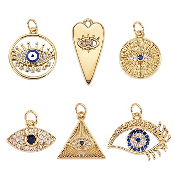 6Pcs 6 Style Brass Micro Pave Cubic Zirconia Pendants, Long-Lasting Plated, with Enamel, Cadmium Free & Lead Free, Mixed Shape, Mixed Color, 10~22x10.5~20x2~3.5mm, Hole: 1.5~3.6mm, 1pcs/style