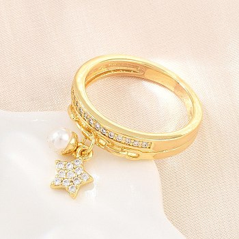 Brass Micro Pave Cubic Zirconia Finger Rings for Women, Star, with ABS Imitation Pearl, Cadmium Free & Lead Free, Rack Plating, Real 18K Gold Plated, 5mm, Inner Diameter: 17mm