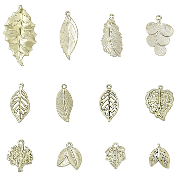 12Pcs 12 Styles Christmas Alloy Pendants, Leaf Charms, Spray Painted, Antique Bronze, 15.5~47.5x13~26x1.5~3.5mm, Hole: 1.2~2.3mm, 1pc/style