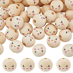 Printed Wood Beads, Round with Smiling Face, Beige, 20x17.5mm, Hole: 4.8~5.2mm(WOOD-WH0052-008)