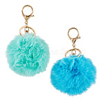 2Pcs 2 Colors Alloy Keychains, with Hair Bulb, Plush Ball, Round, Light Gold, Blue, 122.5mm, 1pc/color(KEYC-TA0004-68B)