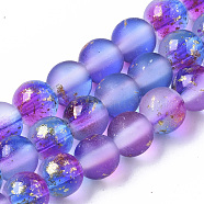 Frosted Spray Painted Glass Beads Strands, with Golden Foil, Round, Blue Violet, 6~7mm, Hole: 1.2~1.5mm, about 65~67pcs/Strand, 14.76 inch~15.12 inch(37.5~38.4cm)(X-GLAA-N035-03B-C03)