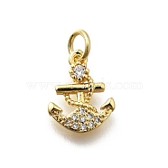 Brass Micro Pave Cubic Zirconia Charms, Anchor Charms, Lead Free & Cadmium Free, Long-Lasting Plated, Rack Plating, with Jump Ring, Real 18K Gold Plated, 12.5x9.5x2mm, Hole: 3mm(KK-P295-41G)