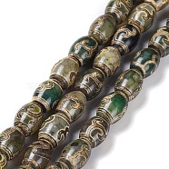 Tibetan Style dZi Beads Strands, Natural Agate Beads, Dyed & Heated, Oval, Green Tara Pattern, 13~14x9.5~10mm, Hole: 1.2mm, about 25pcs/strand, 13.39''(34cm)(TDZI-E005-01B)