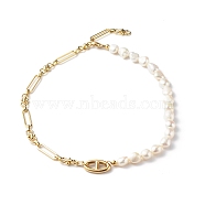 Natural Baroque Pearl Beaded Necklaces, with Brass Paperclip Chains & 304 Stainless Steel Links, Real 18K Gold Plated, 18.11 inch(46cm)(NJEW-JN03595)
