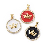 Brass Micro Pave Cubic Zirconia Pendants, with Enamel, Flat Round with Crown, Golden, Mixed Color, 22x20x2.5mm, Hole: 3.5x5mm(KK-G363-39G)