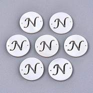 Natural Freshwater Shell Links Connectors, Flat Round with Letter, Letter.N, 14.5x1.5mm, Hole: 0.9mm(SHEL-S276-120N)