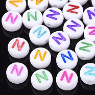 Initial Acrylic Beads, Horizontal Hole, Flat Round, Mixed Color, Letter.N, 7x3.5~4mm, Hole: 1.2mm, about 3700pcs/500g(OACR-E001-20N)