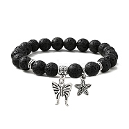 Natural Lava Rock Round Beaded Stretch Bracelets, with Tibetan Style Alloy Butterfly Charms, Inner Diameter: 2 inch(5~5.1cm)(BJEW-JB09899-01)