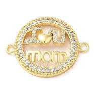 Brass Micro Pave Clear Cubic Zirconia Mama Connector Charms, Mother's Day Word Links, Real 16K Gold Plated, Flat Round, 20x26x4mm, Hole: 1.8mm(FIND-Z041-12B)