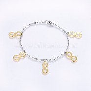 304 Stainless Steel Charm Bracelets, with Lobster Claw Clasps, Infinity, Golden & Stainless Steel Color, 7-7/8 inch(20cm), 2.5mm(BJEW-F330-10GP-16)