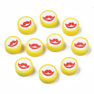 Handmade Polymer Clay Beads, Flat Round with Mouth, Yellow, 9.5~10x4~4.5mm, Hole: 1.6mm(CLAY-N011-44A-09)