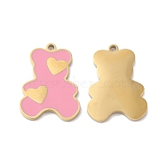 Ion Plating(IP) 316L Surgical Stainless Steel Pendants, with Enamel, Bear with Heart Charm, Real 18K Gold Plated, 17x12.5x1.4mm, Hole: 1mm(STAS-H213-32G)