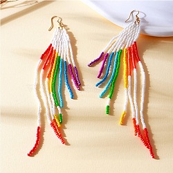 Bohemian Glass Dangle Earrings, with Brass Hooks, Golden, Colorful, 155x20mm(EJEW-C129-02A)