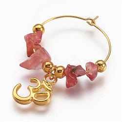 Natural Carnelian Beads Wine Glass Charms, with Tibetan Style Pendants and Brass Rings Hoop Earrings, Red, 46mm(AJEW-PH00842-02)