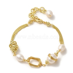 Brass Wire Wrapped Rectangle Link Bracelet, with Natural Pearl Beaded, Real 14K Gold Plated, 7-3/8 inch(18.6cm)(BJEW-C051-52G)