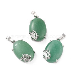 Natural Green Aventurine Pendants, with Platinum Tone Brass Findings, Cadmium Free & Lead Free, Oval with Tree, 28~29.5x18.5x9.5mm, Hole: 8x5mm(G-C235-03I-RS)
