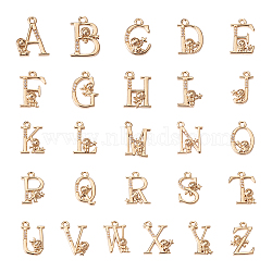 26Pcs 26 Style Brass Micro Pave Clear Cubic Zirconia Pendants, Long-plating, Letter Shapes, Light Gold, 15.5~17x9~11.5x2.5~3.5mm, Hole: 1.5mm, 1pc/style(KK-CW0001-05)