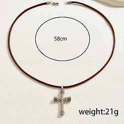 Retro Alloy Hip-hop Style Cross Pendant Necklaces, PU Leather Cord Necklaces, Silver, 22.83 inch(58cm)(LE7293-1)